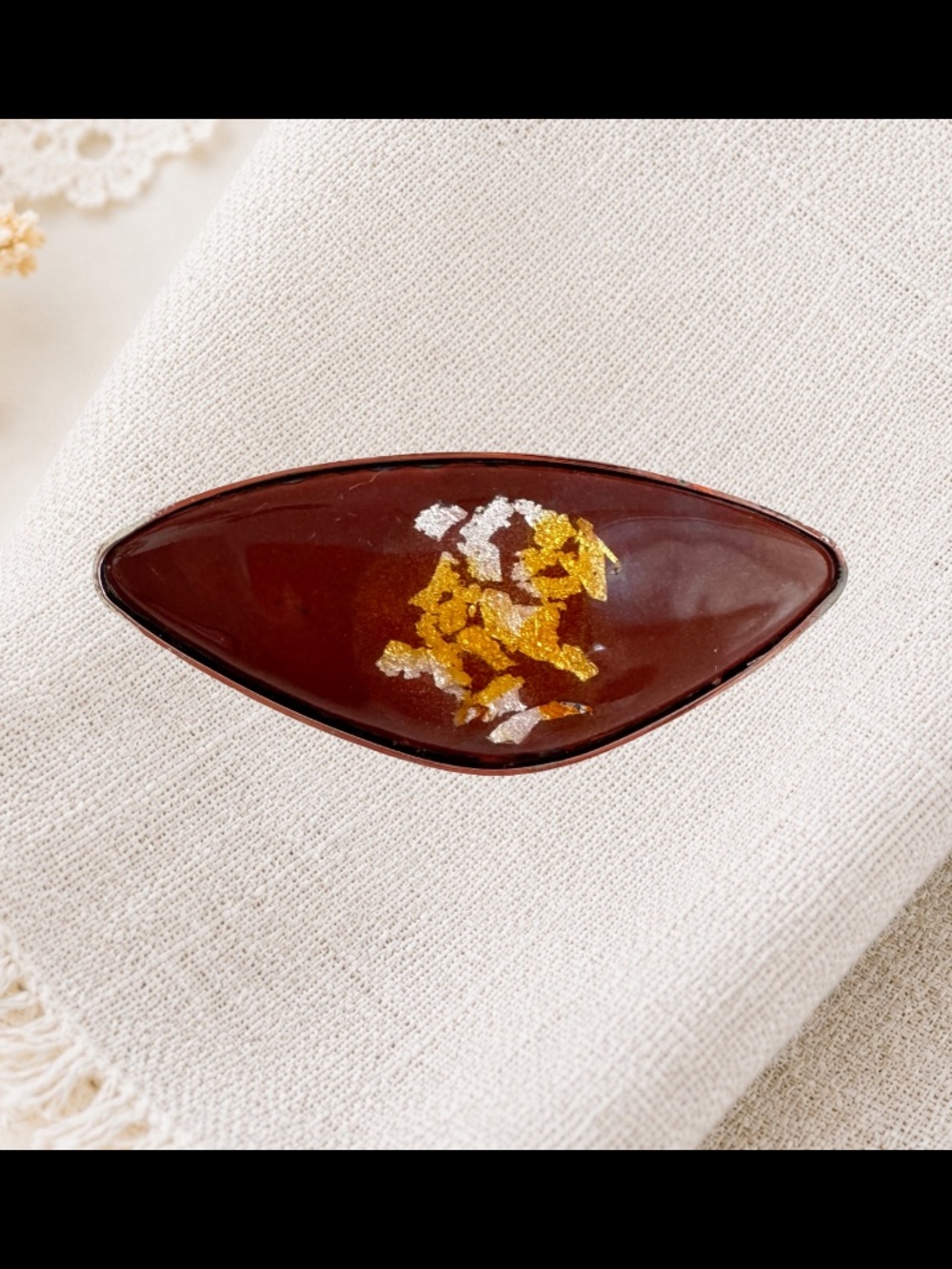 Vintage Brown Resin Brooch Pin Gold Silver Foil Flakes Marquise MCM Statement 2"